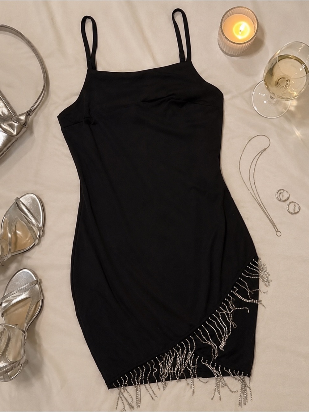 Charlotte Russe Black Rhinestone Fringe Asymmetrical Mini Dress Size Small